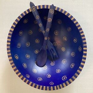 Sherwood Forest Design Artisan Blue and Gold Swirl Handpainted Salad Bowl Set